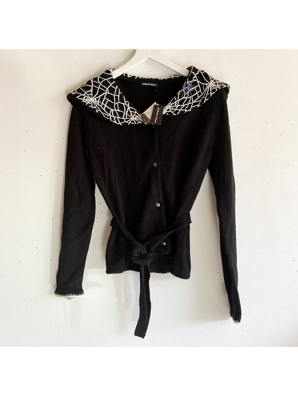 Michael Simon Black Knit Sweater Halloween Spider Web Collar Button Belted Sml